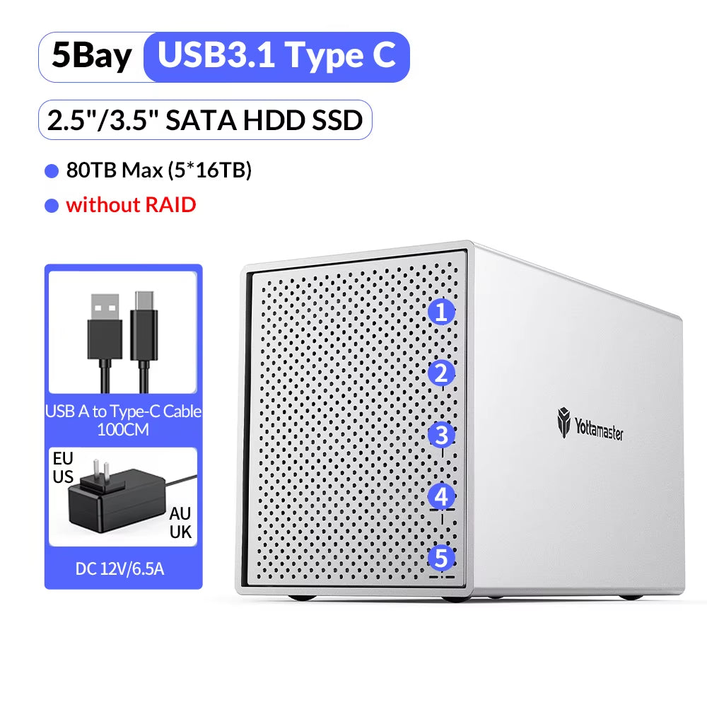 5 Bay 2.5"/3.5" SATA HDD Enclosure 6Gbps USB C HDD/SSD Enclosure up to 16TB*5 RAID Direct Attached Storage Enclosure