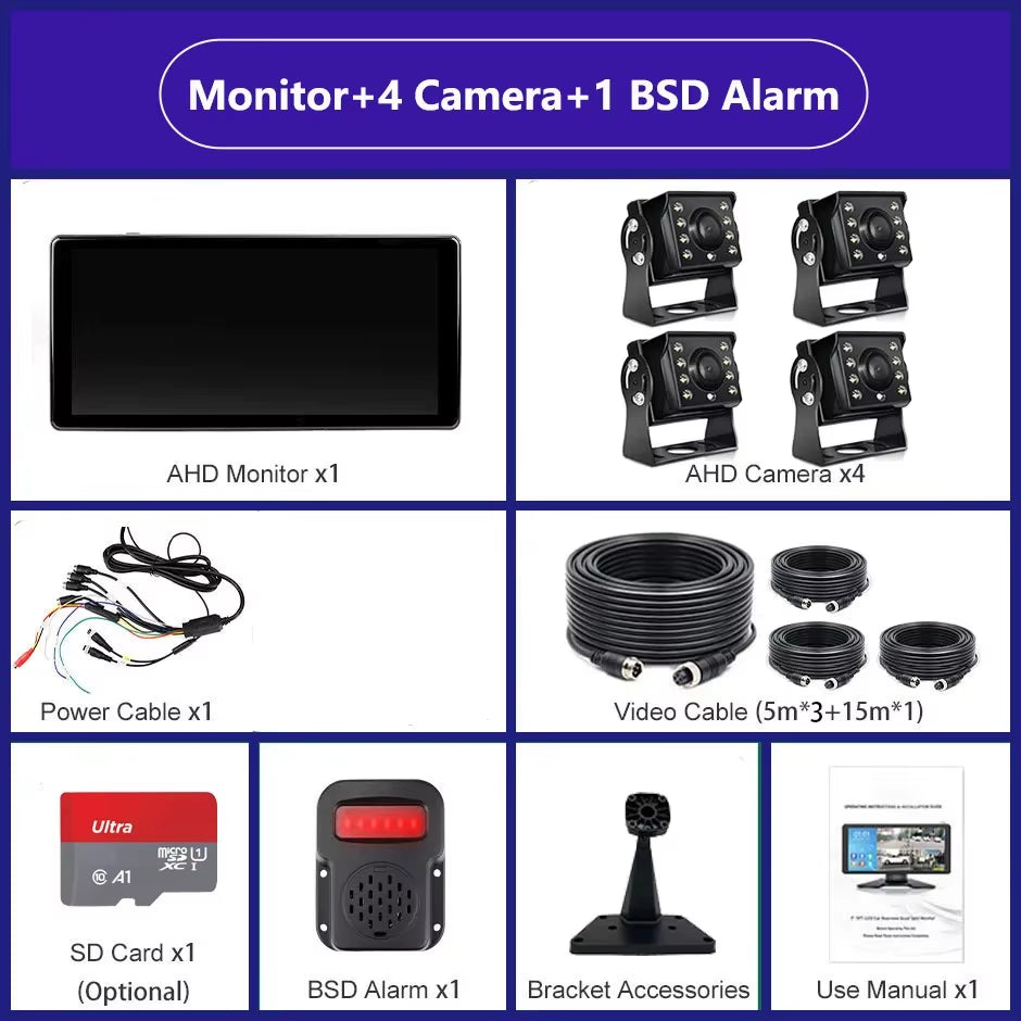 10.36 Inch Screen Car/Rv/Bus/Truck AHD Monitor System 1080P Vehicle 4 Channel Camera Night Vision Reversing Parking Recorder