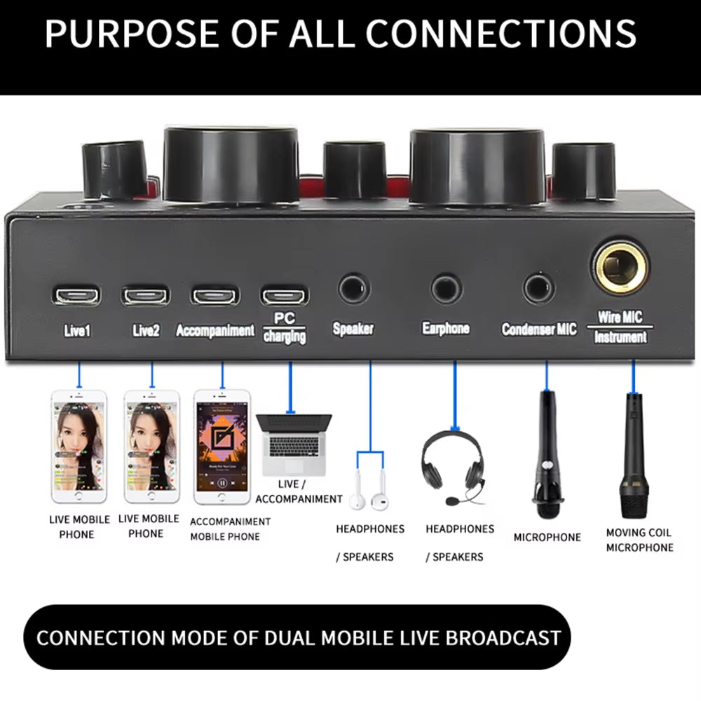 V8 Sound Card Audio USB Headset Microphone Webcast Live External Sound Cards Karaoke Recording Audio Mixer for Phone Computer