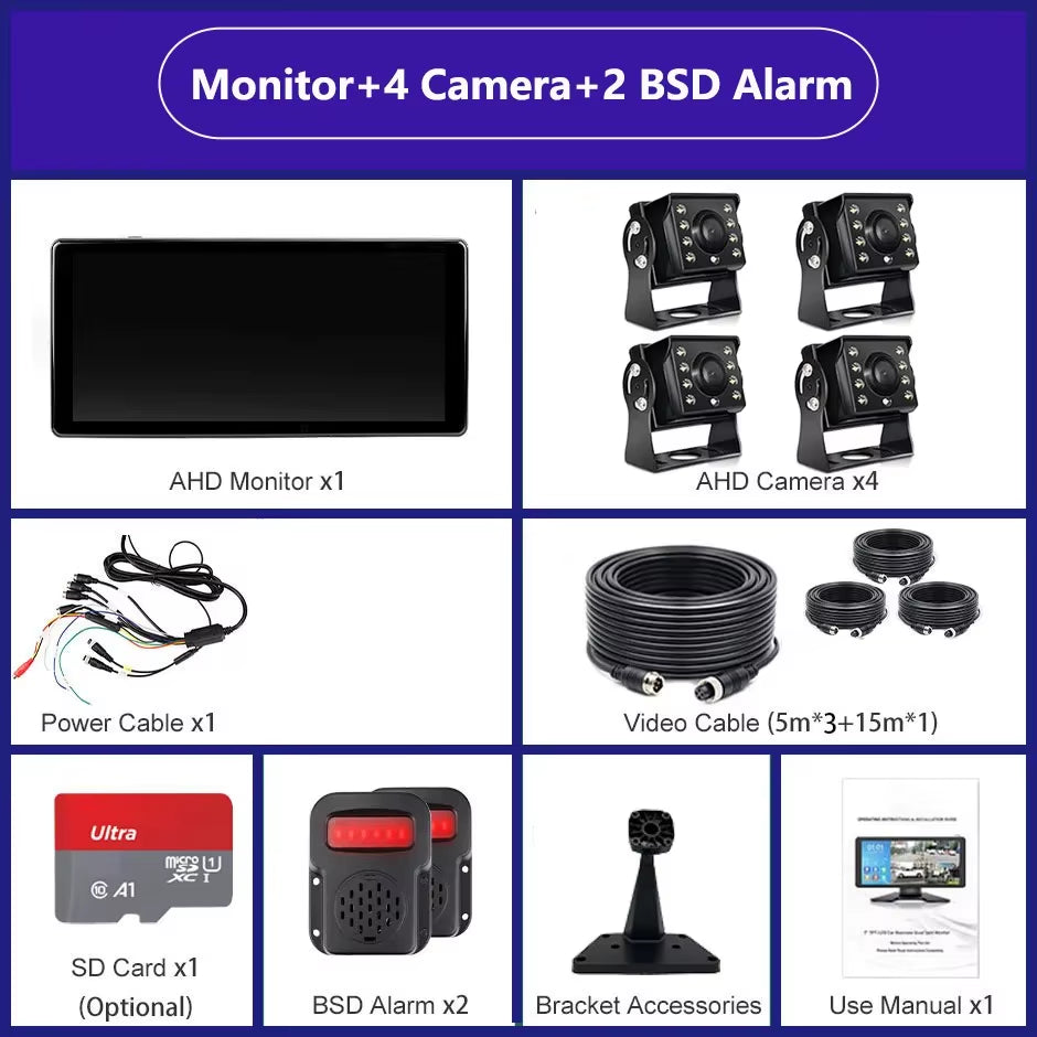 10.36 Inch Screen Car/Rv/Bus/Truck AHD Monitor System 1080P Vehicle 4 Channel Camera Night Vision Reversing Parking Recorder