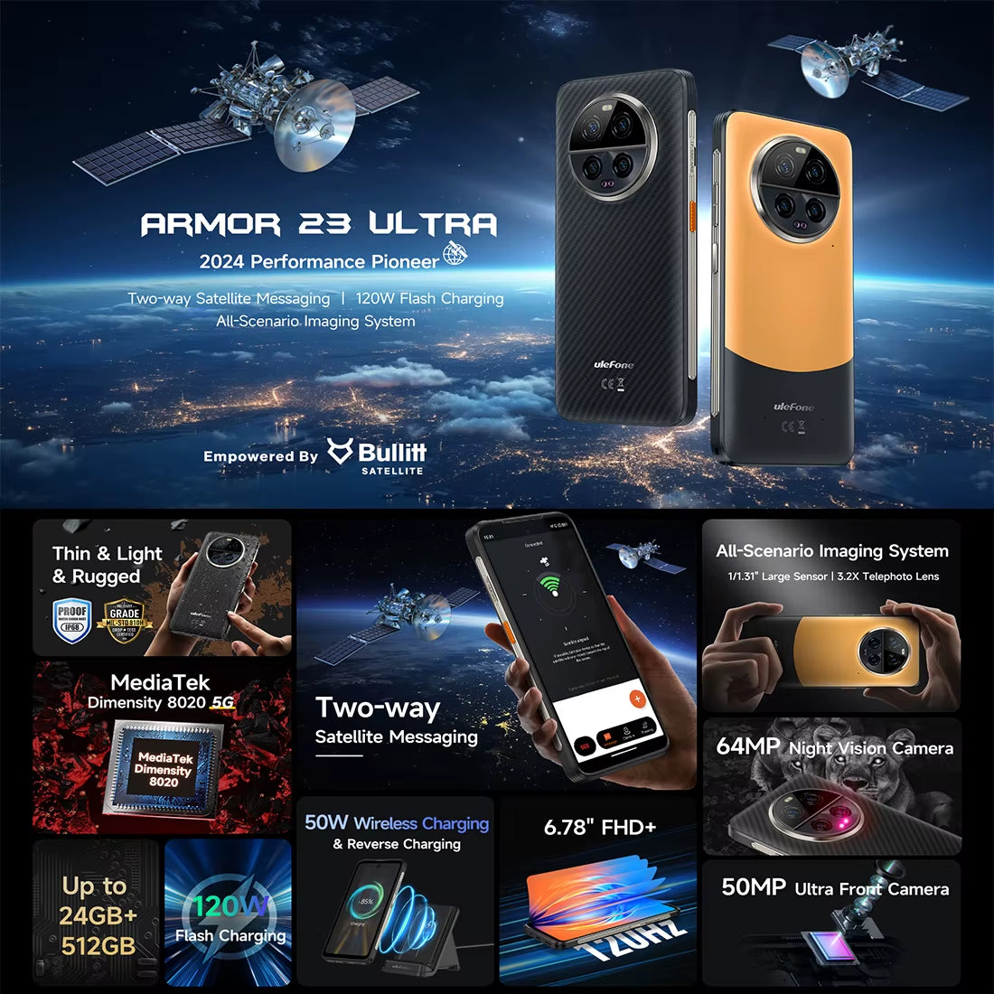 Armor 23 Ultra 24GB 512GB Rugged Android 13 64MP Night Camera 6.78Inch 120W Mediatek 5G Satellite Message Global Version