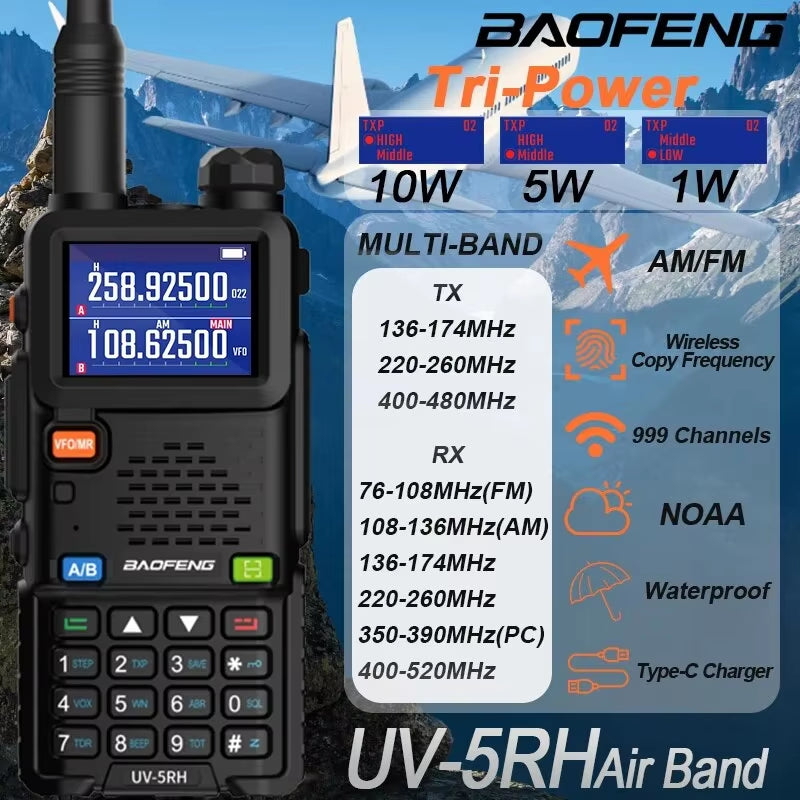 UV-5RH Air Band Walkie Talkie Wirless Copy Frequency Multi-Band Tri Power Type-C NOAA AM FM Long Range Ham Two Way Radio