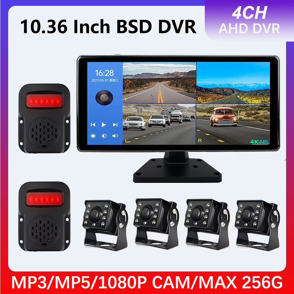 10.36 Inch Screen Car/Rv/Bus/Truck AHD Monitor System 1080P Vehicle 4 Channel Camera Night Vision Reversing Parking Recorder