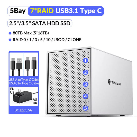 5 Bay 2.5"/3.5" SATA HDD Enclosure 6Gbps USB C HDD/SSD Enclosure up to 16TB*5 RAID Direct Attached Storage Enclosure