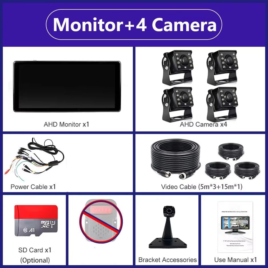 10.36 Inch Screen Car/Rv/Bus/Truck AHD Monitor System 1080P Vehicle 4 Channel Camera Night Vision Reversing Parking Recorder